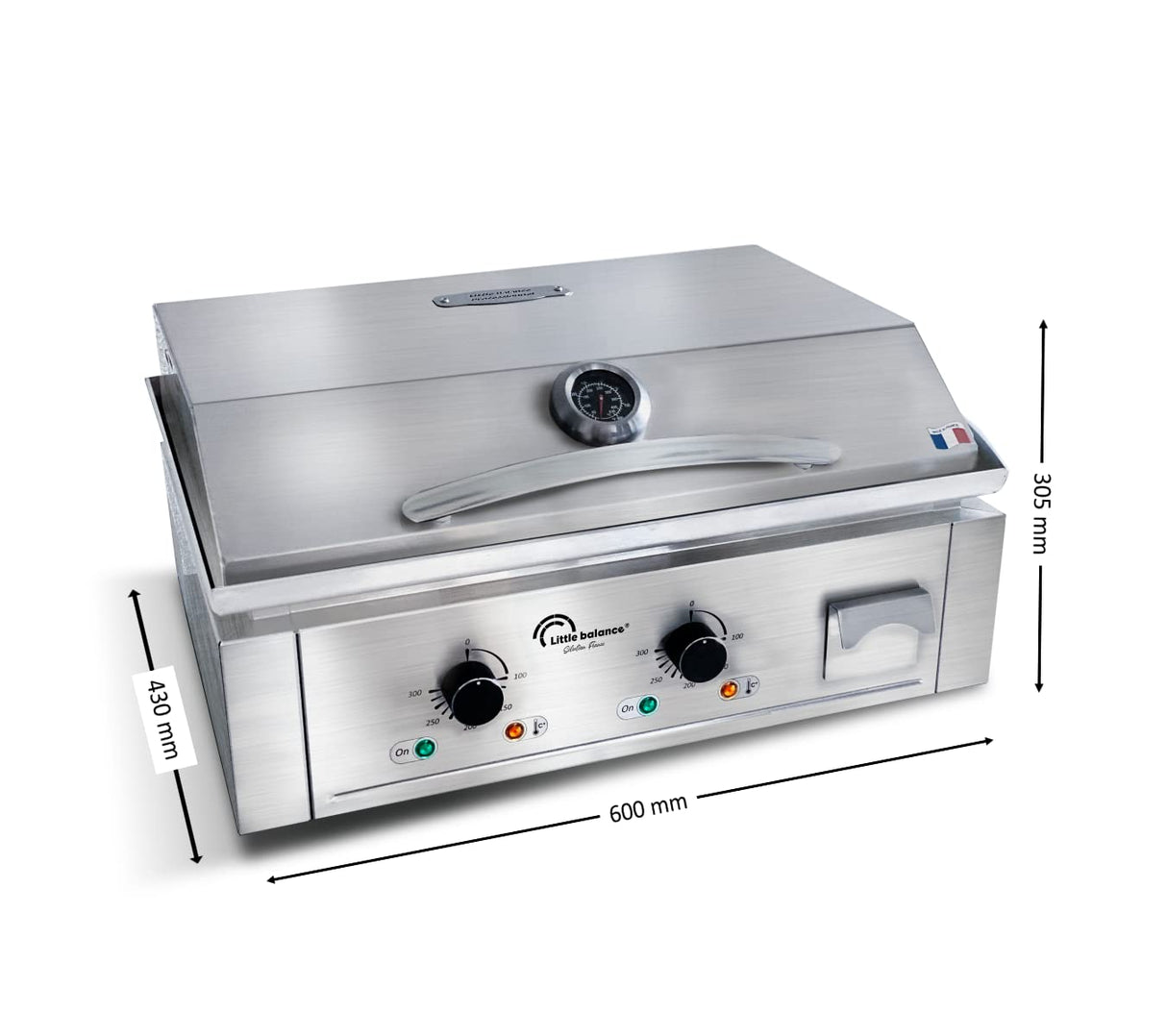 LITTLE BALANCE 8473 Aquitaine Pro Plus, Plancha eléctrica profesional, 2 zonas de cocción, tapa, 3500 W, fabricación francesa, todo acero inoxidable