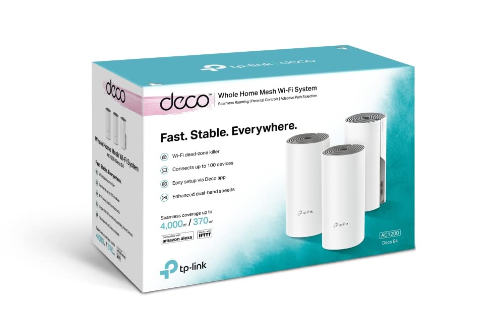 TP-Link Deco E4 (3-Pack) - AC1200 Repetidor de WiFi, Mesh WiFi Inteligente, Doble Banda hasta 350m², 2xPuertos 100/10 Mbps, MU-MIMO, hasta 100 Dispositivos, Adecuado para Xiaomi Mi Box