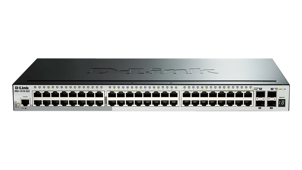 D-Link DGS-1510-52X/E, 52-Puertos Layer 2/3 Smart Managed Gigabit Stack Switch (48x 10/100/1000 MBit/s Puertos, 4X 10G SFP) - Cordon d'alimentation UE uniquement, Negro/Gris