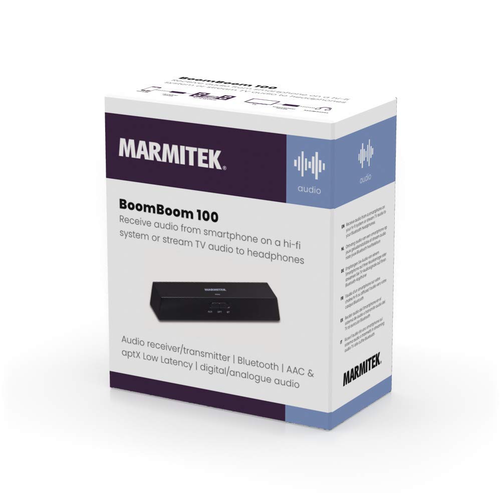 Receptor y transmisor de audio - Marmitek BoomBoom 100 - Bluetooth - 2 en 1 - AAC, aptX y aptX de baja latencia - Entradas y salidas digitales y analógicas - Modo fiesta multipar-Conecta 2 auriculares