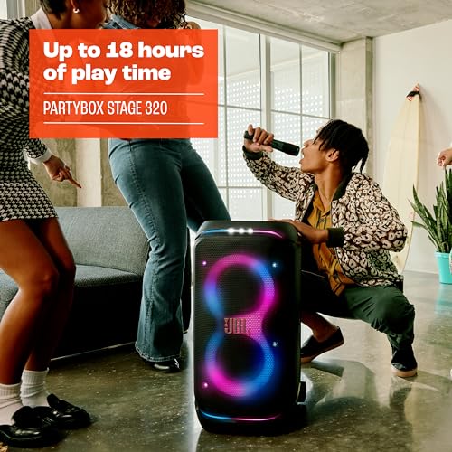 JBL PartyBox Stage 320, Altavoz portátil para fiestas, con asa telescópica y ruedas, Bluetooth, espectáculo de luces, resistente a salpicaduras IPX4, hasta 18h de reproducción, negro