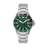 Emporio Armani Reloj Hombre, Movimiento de tres manecillas con fecha, caja de 42mm de acero inoxidable plateado con correa de acero inoxidable, AR11338, Tono plata y verde oscuro