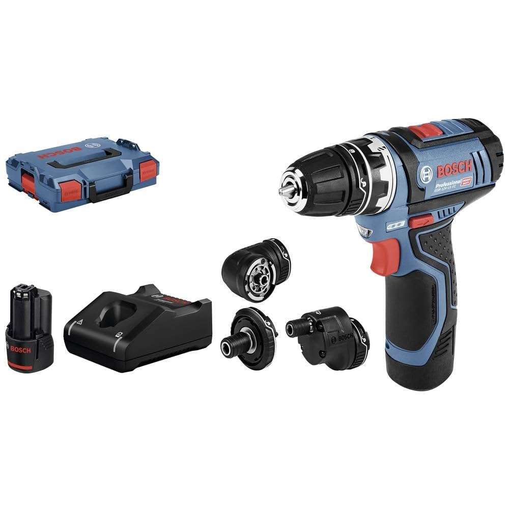 Bosch Professional 12V System GSR 12V-15 FC - Atornillador a batería (30 Nm, 4 cabezales FlexiClick, 2 baterías x 2,0 Ah, en L-BOXX)