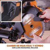 Evolution Power Tools - R210SMS-300+ Ingletadora deslizante multimaterial de 210 mm (230 V), con paquete plus, Corta acero dulce, aluminio, plástico, madera con clavos incrustados