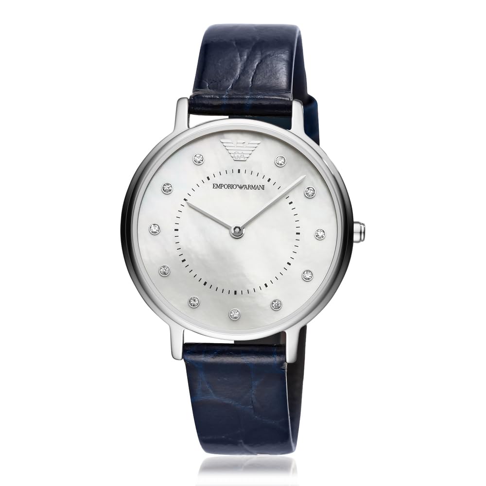 Emporio Armani Reloj de mujer, movimiento de dos manecillas, caja de acero inoxidable plateado de 32 mm con correa de piel, AR11095, Azul marino y blanco roto