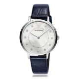 Emporio Armani Reloj de mujer, movimiento de dos manecillas, caja de acero inoxidable plateado de 32 mm con correa de piel, AR11095, Azul marino y blanco roto