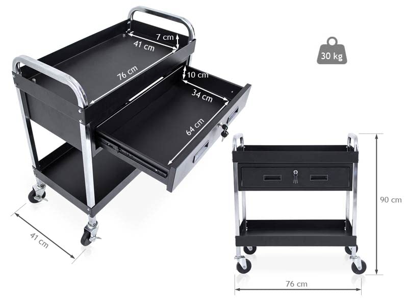 QUIRUMED - Carro para Peluquería y Tatuajes | Bandeja Superior e Inferior | Cajón con Cerradura | Ruedas con Freno, Negro, Normal, Acero Aleado