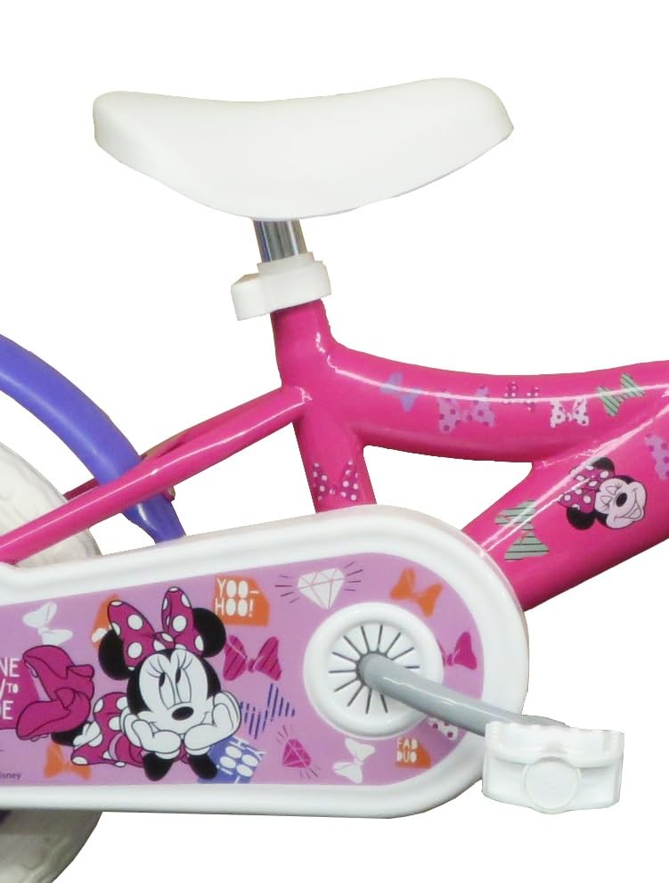 Bicicleta de 10 Pulgadas para niño, niña, Minnie/Disney con 1 Freno Delantero calibrador, Cesta Delantera, Guardabarros, cárter, Ruedas y 2 estabilizadores extraíbles, Rosa