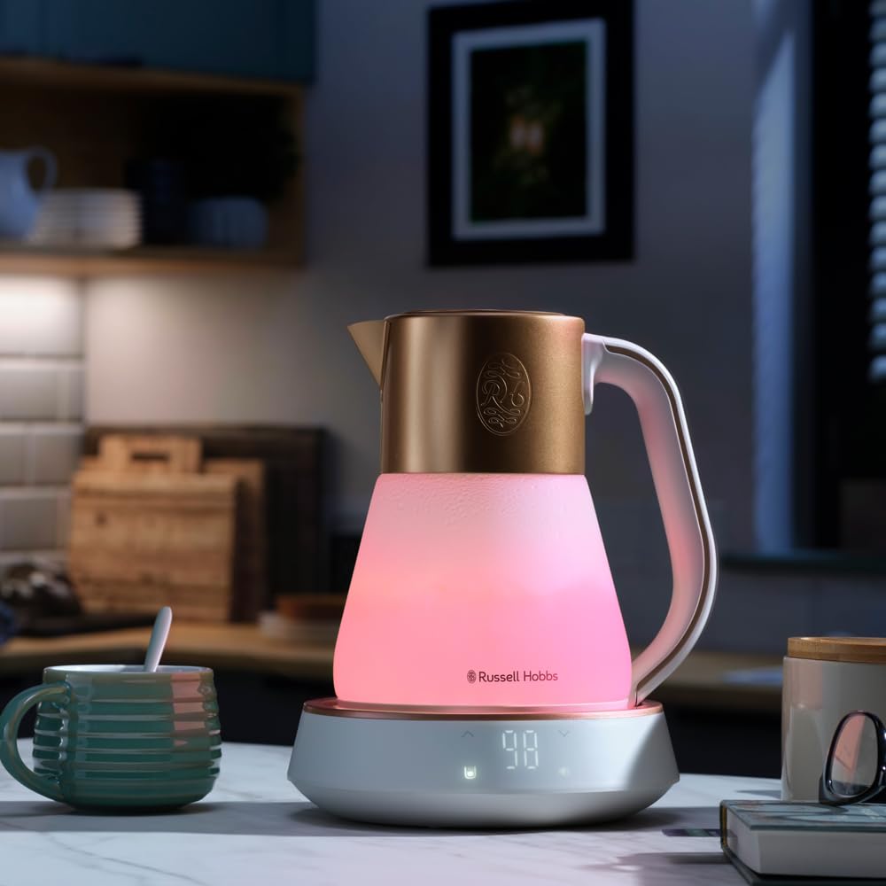 Russell Hobbs 27450-70 Hervidor de Agua Eléctrico de vidrio, 1,7L, temperatura regulable 40-100°C, Calm Iluminiación integra, música y sonidos relajantes, control táctil, 2400W