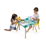 Janod - Mesa y 2 Sillas de Madera Tropik - Mobiliario para Niños - Mesa 55 x 55 cm, Silla Rana y Silla Jaguar - Pintura al Agua - A partir de 3 Años, J08273