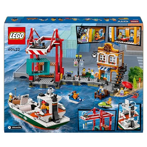 LEGO City Puerto Marítimo con Buque de Mercancías, Barco de Juguete de Construcción, Regalo para Niños y Niñas de 8 Años o Más, Grúa de Contenedores, Minifiguras, Caña de Pescar y Walkie Talkie 60422