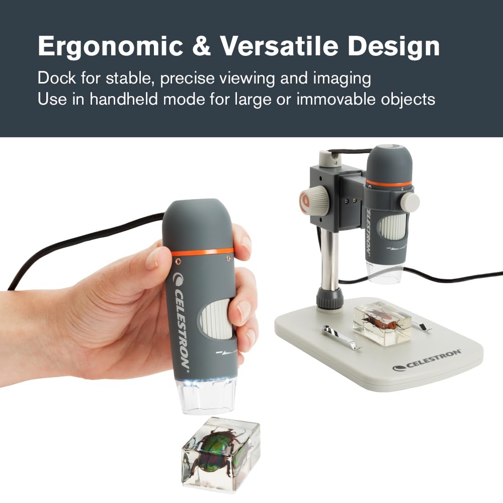 Celestron 44308 Handheld Digital Microscope Pro: 20x-200x aumentos, gris/blanco