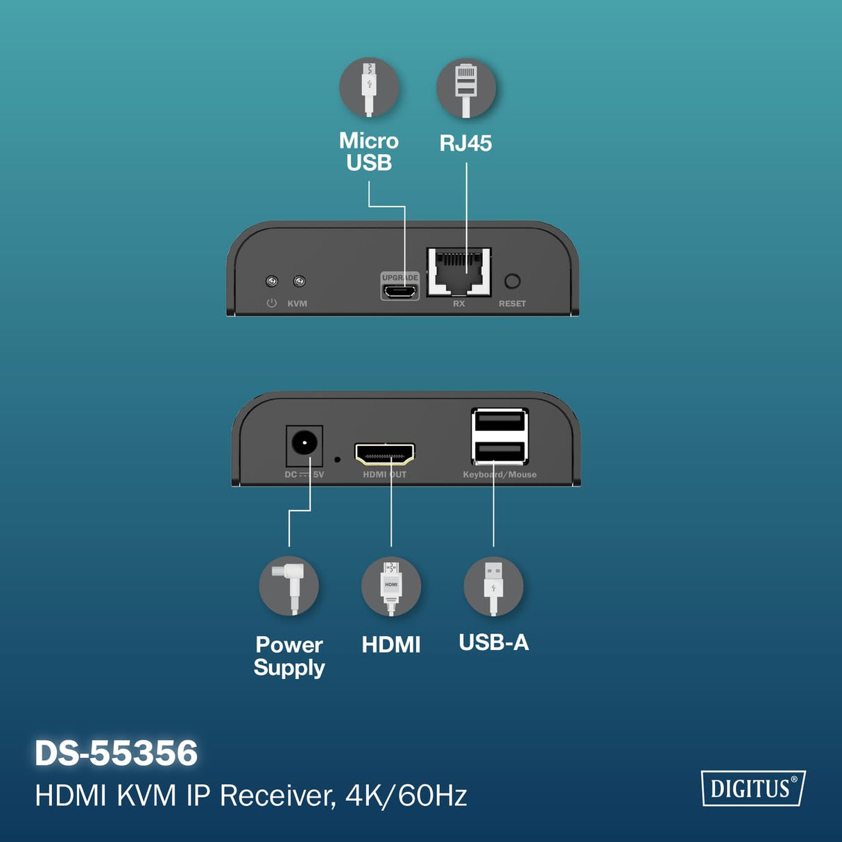 DIGITUS Receptor HDMI KVM IP para DS-55355 – UHD 4k 60 Hz – HDMI 2.0 – hasta 200 m de alcance – unidad receptora – punto a multipunto – CAT 6 – negro