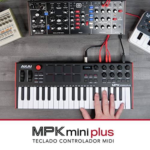 Akai Professional MPK Mini Plus - Teclado Controlador MIDI USB de 37 Mini Teclas con 8 Pads MPC, Secuenciador, MIDI/CV/Gate I/O, Software de Producción y Native Instruments Sound Package