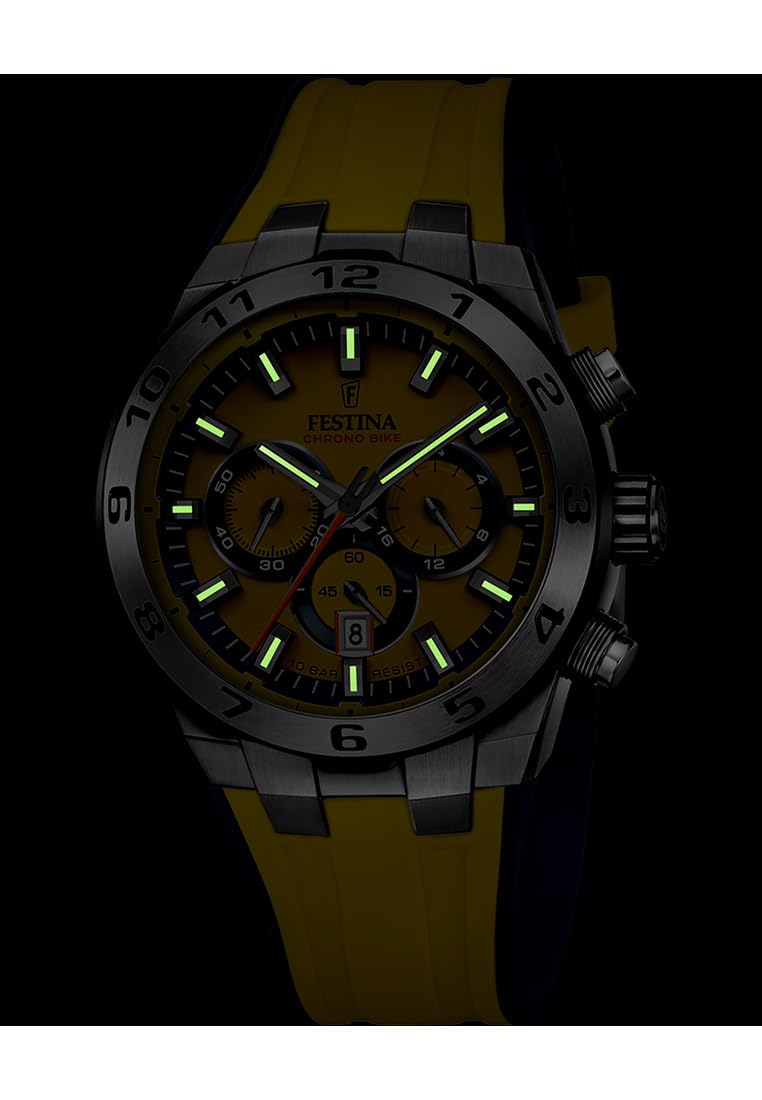 Festina Reloj Hombre F20671/4 Chrono Bike Caja de Acero Inoxidable 316l Plateado Correa de Caucho Amarillo