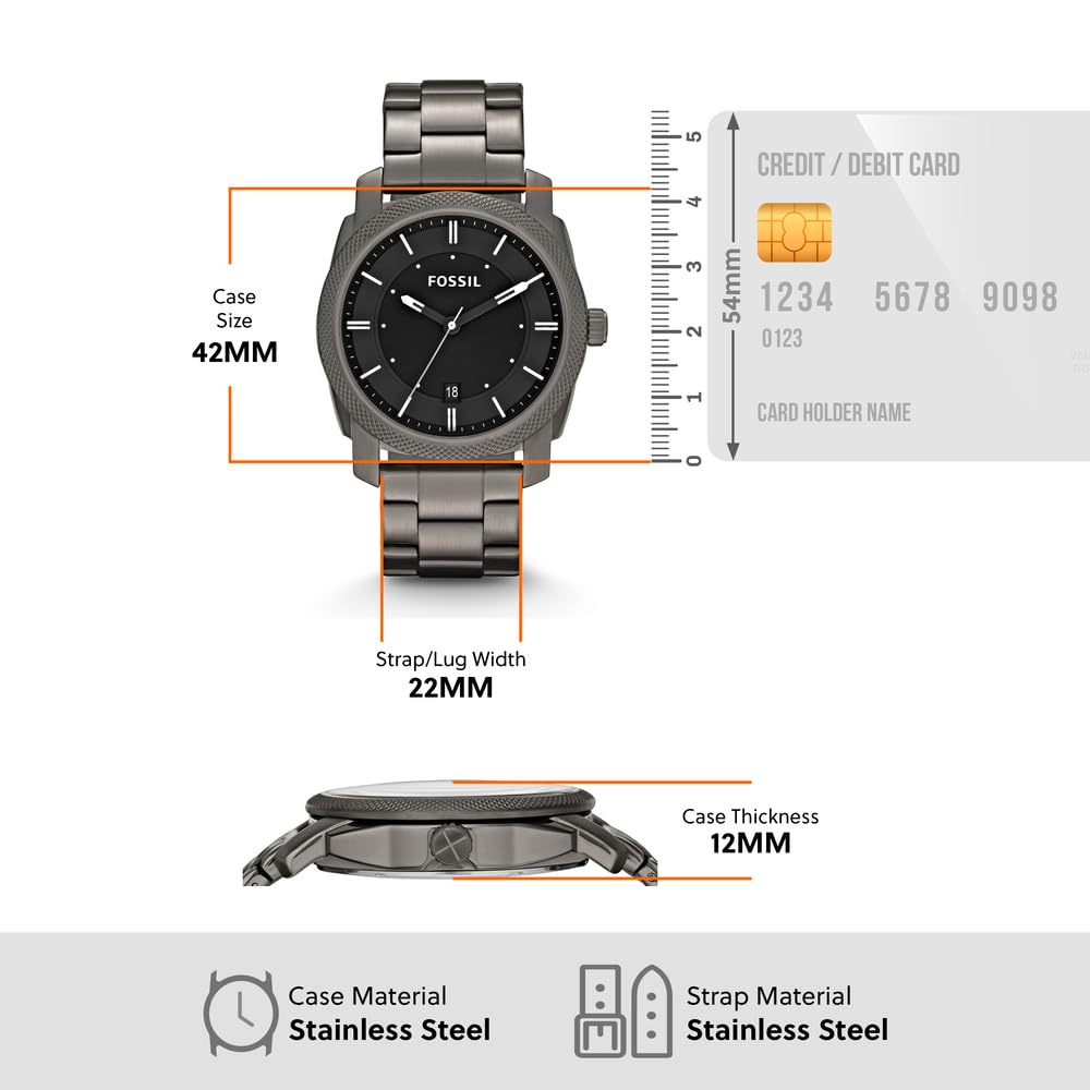 Fossil Reloj para hombre Machine, movimiento de cuarzo, caja de acero ahumado de 42 mm con correa de acero, FS4774