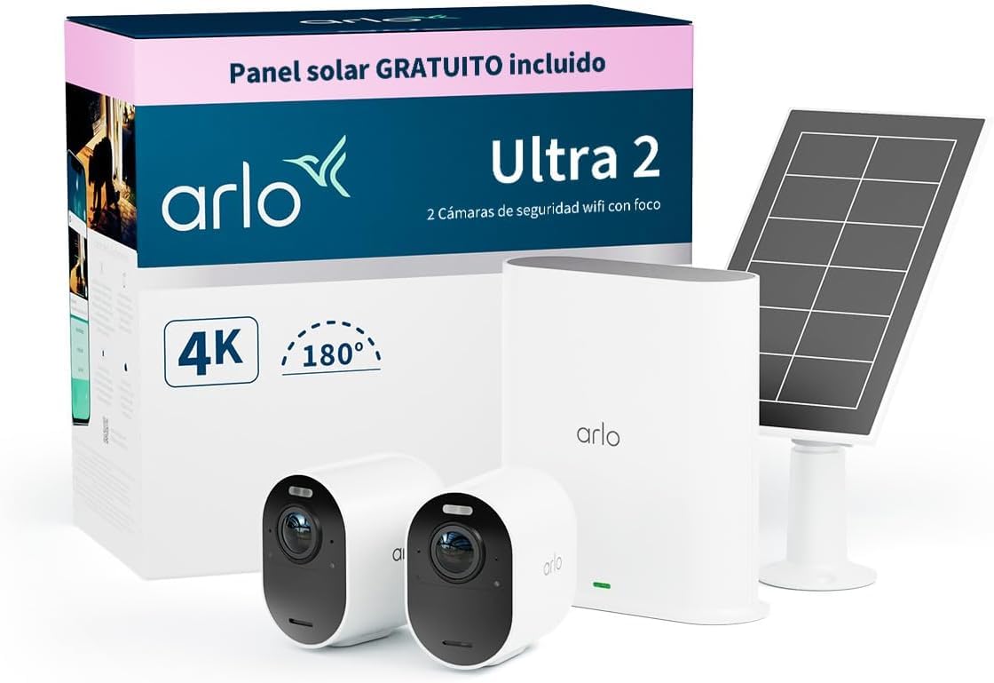 Arlo Ultra 2 Camara de Vigilancia WiFi Exterior 4K + Panel Solar, Camara de Vigilancia WiFi Interior, Sensor de Movimiento, Visión Nocturna Color, Prueba Arlo Secure Incluida, 2 Cámaras, Negras