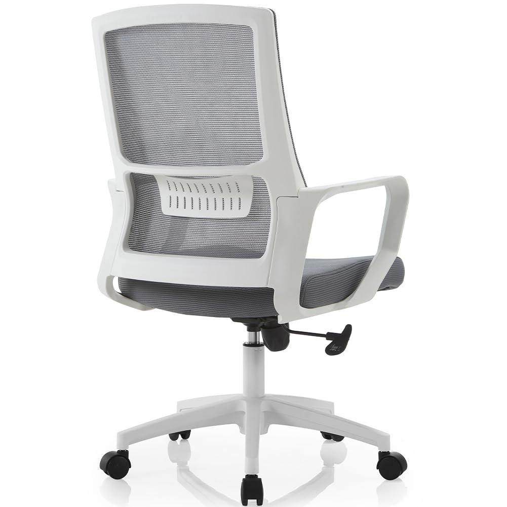 Shally Dogan Silla de Oficina ergonómica giratoria con Soporte Lumbar, sillón de Escritorio, Estudio, Dormitorio, reclinable con Altura Ajustable, Base Blanca Robusta, Respaldo antisudor (Gris)