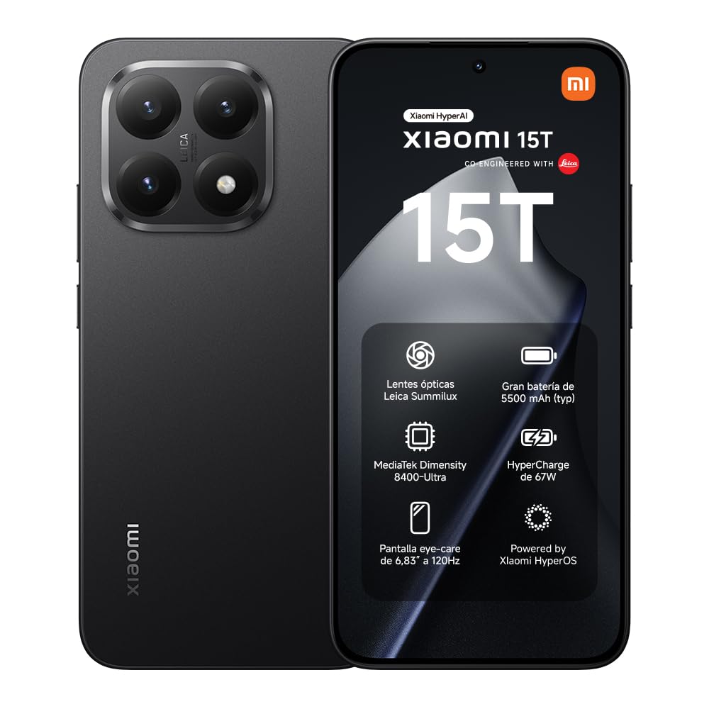 XIAOMI 15T - Smartphone de 12+256GB, Lente óptica Leica Summilux, MediaTek Dimensity 8400-Ultra, Pantalla Eye Care de 6,83" 120 Hz, HyperCharge de 67W, Cargador no Incluido, Negro (Versión ES)