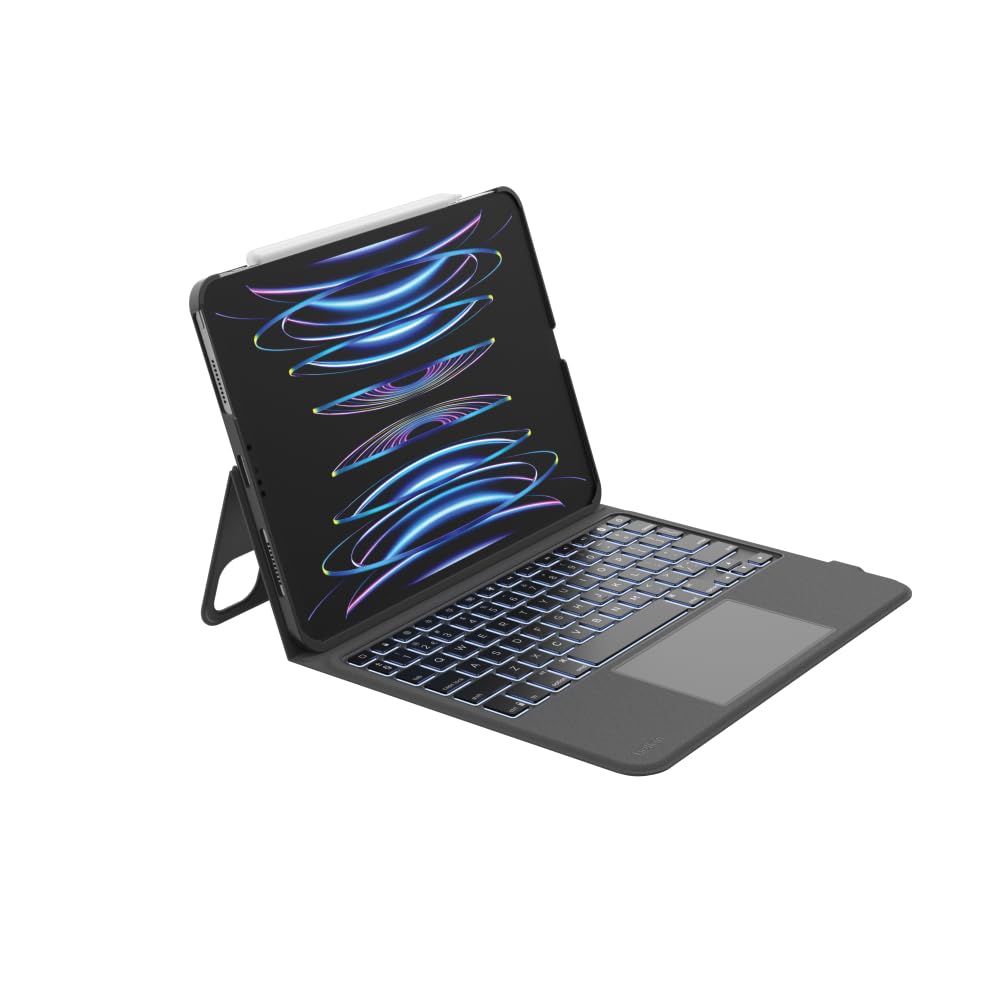 Belkin Everyday - Funda para teclado con función atril retroiluminada, teclas táctiles multipunto, funda de piel sintética, compartimento para Apple Pencil, teclado inalámbrico AZERTY para iPad Air de