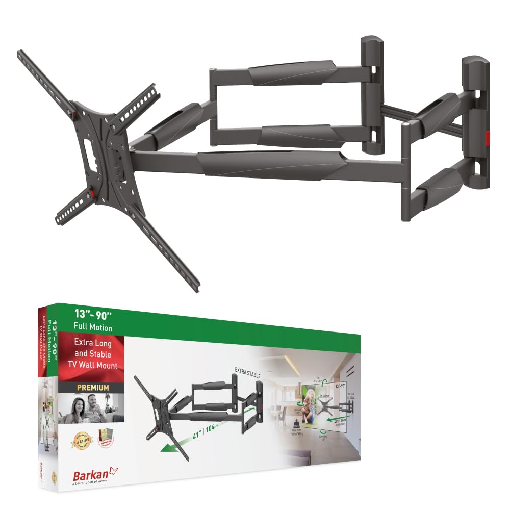 Barkan Soporte de Pared para TV de 104 cm de Largo, Brazo Doble de 13 a 90 Pulgadas, Giratorio/Movimiento Completo, Soporte para TV, soporta hasta 60 kg, Extra Estable, para LED OLED LCD, máx. VESA