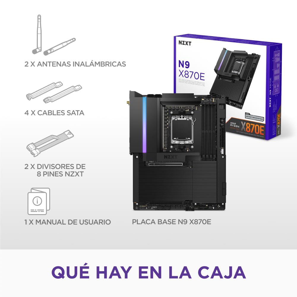 NZXT Placa Base para Juegos N9 X870E - AMD X870E AM5 ATX para Ryzen 9000/8000/7000-20+2+1, DDR5, 4X M.2, PCIe 5.0, 5GbE – Cubierta de Metal Completo, Pestillos de liberación rápida M.2 – Negro