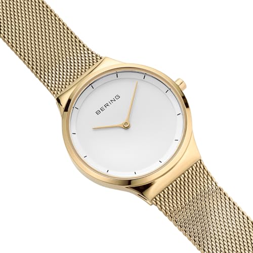 BERING 12131-339 Reloj de cuarzo para mujer con caja de acero inoxidable de 31 mm con acabado dorado y esfera blanca, correa milanesa, cristal de zafiro y resistencia al agua de 3 ATM