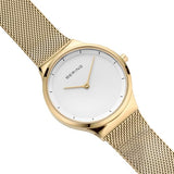BERING 12131-339 Reloj de cuarzo para mujer con caja de acero inoxidable de 31 mm con acabado dorado y esfera blanca, correa milanesa, cristal de zafiro y resistencia al agua de 3 ATM