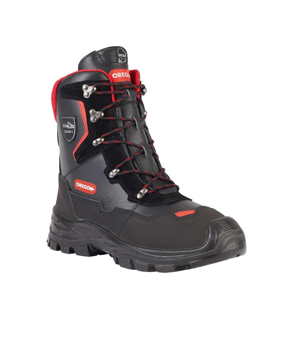 Oregon 295449/40 Yukon Clase 1 (20 m/s) -Botas Protectoras para Motosierra de Piel, Negro/Rojo, 39,5
