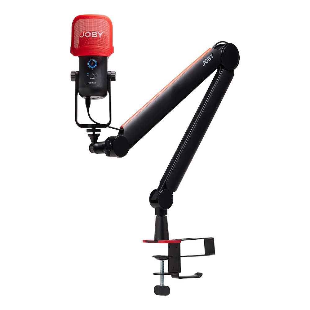 JOBY Wavo Boom Arm, Brazo de Jirafa para Micrófono Profesional, Streamings y Podcasts, Silencioso, Soporte para Vaso y Auriculares, Abrazadera de Mesa, Canaleta Oculta para Manejo de Cables, Negro