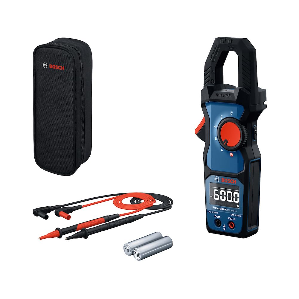 Bosch Professional Amperímetro de Gancho GMC 600-15 (Pinza amperimétrica True RMS, corriente alterna hasta 600 A, tensión hasta 600 V AC/DC, 2 x 1,5 V LR06 (AA), tiras métricas MS 90, bolsa)