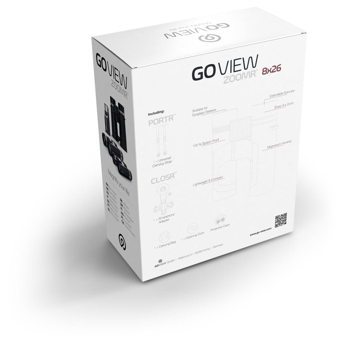 GoView ZOOMR 8x26 prismáticos pequeños y Ligeros (Aumento de 8X, Carcasa de magnesio, Incluye Adaptador para Smartphone y Accesorios) Ruby Roja