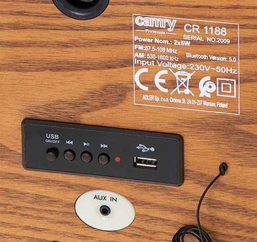 Camry CR1188 Radio Retro Am/FM, Bluetooth, Sintonizador de Frecuencia Manual, Puerto USB, Carcasa Madera Diseño Vintage