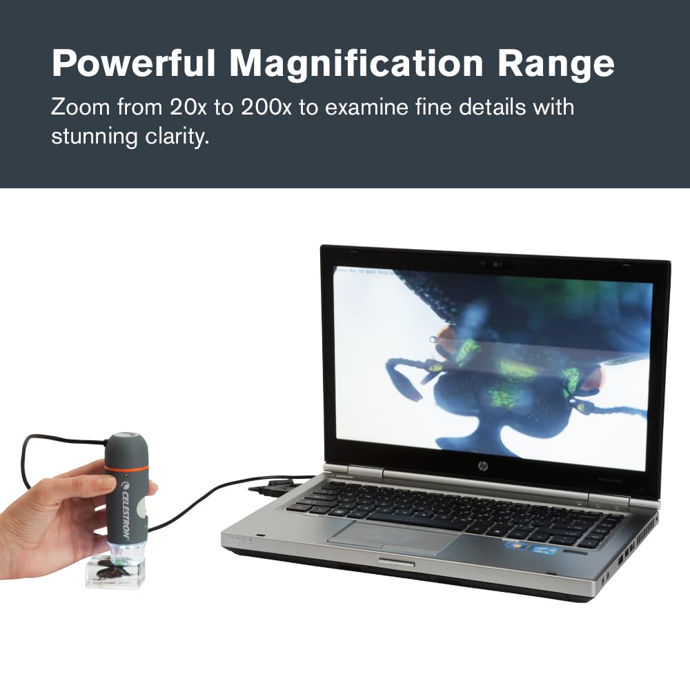 Celestron 44308 Handheld Digital Microscope Pro: 20x-200x aumentos, gris/blanco