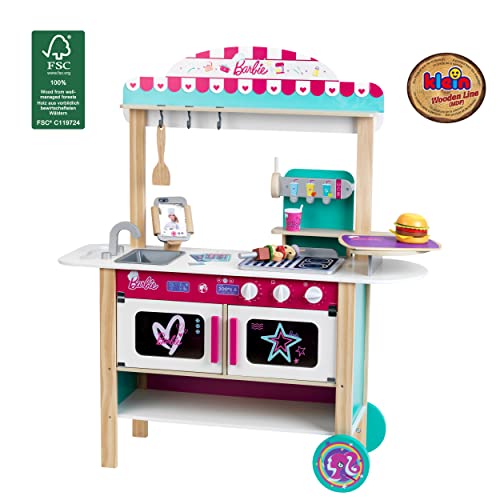 Theo Klein 7329 Cocina de Madera, Barbie Restaurante Tipo bistró, Madera (MDF), con Accesorios de bistró incluidos, Dimensiones: 94 cm x 32 cm x 106 cm, Juguete para niños a Partir de Tres años