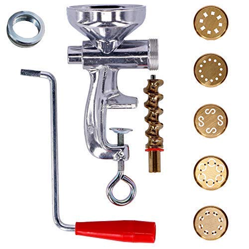 Máquina de Hacer Pasta Fresca con Virola en Aluminium | 5 Trefiladores de latón para Espaguetis, Macarrones, Bucatinis, Caserecces y Espaguetis alla chitarra