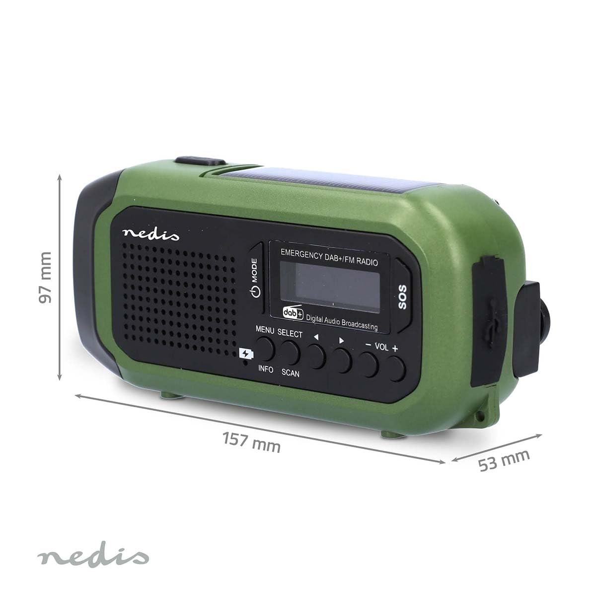 Radio de Emergencia – Versión portátil – Dab+ / FM – Funciona con Pilas/manivela/energía Solar/alimentación Mediante USB – Despertador – Verde/Negro