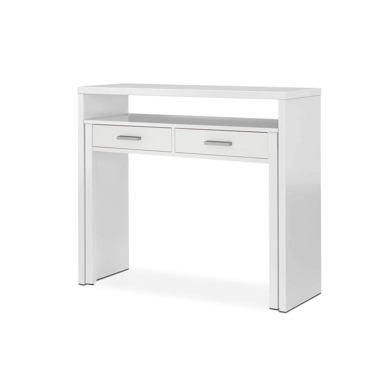 Habitdesign Mesa Escritorio Extensible, Mesa Estudio, Consola, Color Blanco Artik, Medidas: 98,5 cm (Largo) x 36-70 cm (Fondo) x 87,5 cm (Alto)