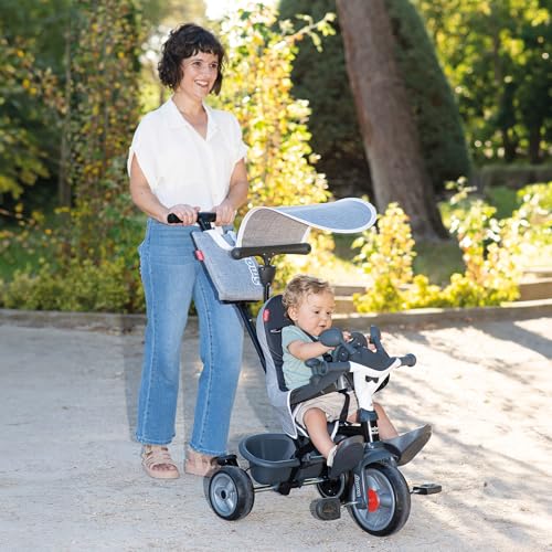 Smoby - Triciclo Baby Driver Confort Gris 3 en 1 Progresivo, Sostenible, Freno de Estacionamiento, Barra Parental Ajustable, Volante con Claxon, Desde 10 Meses hasta 3 Años (7600741503)