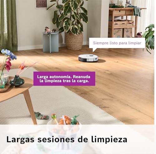 Bosch - Robot Aspirador Spotless +, BCRD1W, aspira y friega, Potencia 11.000 Pa², Almohadilla húmeda Fija, estación Seca, Sistema Inteligente de visión por Infrarrojos, Bosch Home Connect App, Blanco