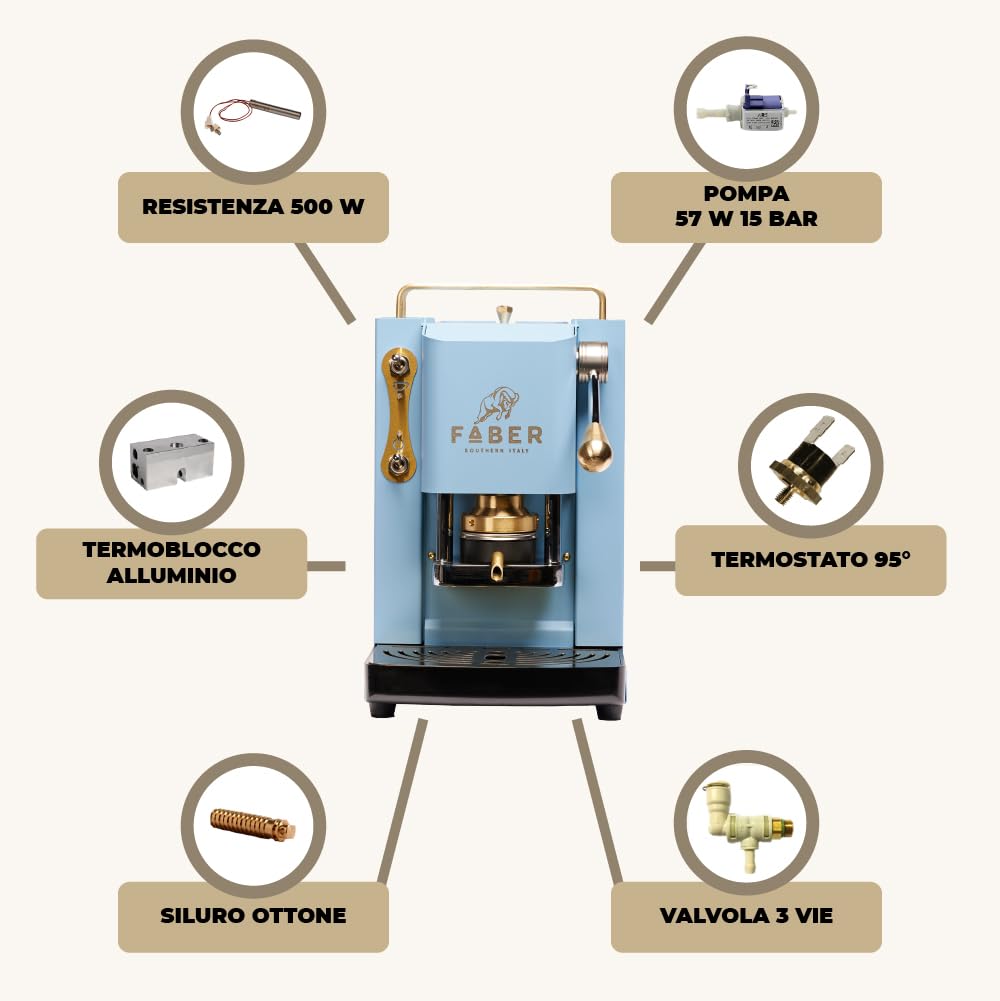 FABER COFFEE MACHINES | Modelo Pro Mini Deluxe | Cafetera monodosis ese 44 mm | | Prensacialda de latón ajustable (TURQUOISE)