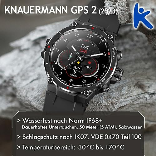 Knauermann GPS 2 (2023) Reloj Deportivo Negro - Pantalla AMOLED - Puls, oxígeno en Sangre, recepción GPS/Galileo - BT Bluetooth - Correa de Silicona Negra, 14-26, Normal, Moderno, Normal, Moderno
