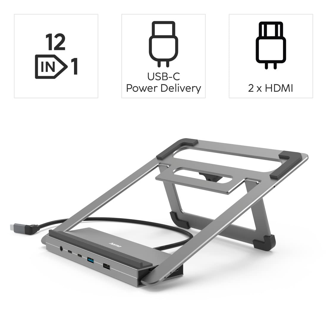 Hama | Docking Station USB-C 12 en 1 (12 Puertos, Max. Resolución: 4k, USB-A, USB-C, Ethernet, Audio 3.5mm) Gris