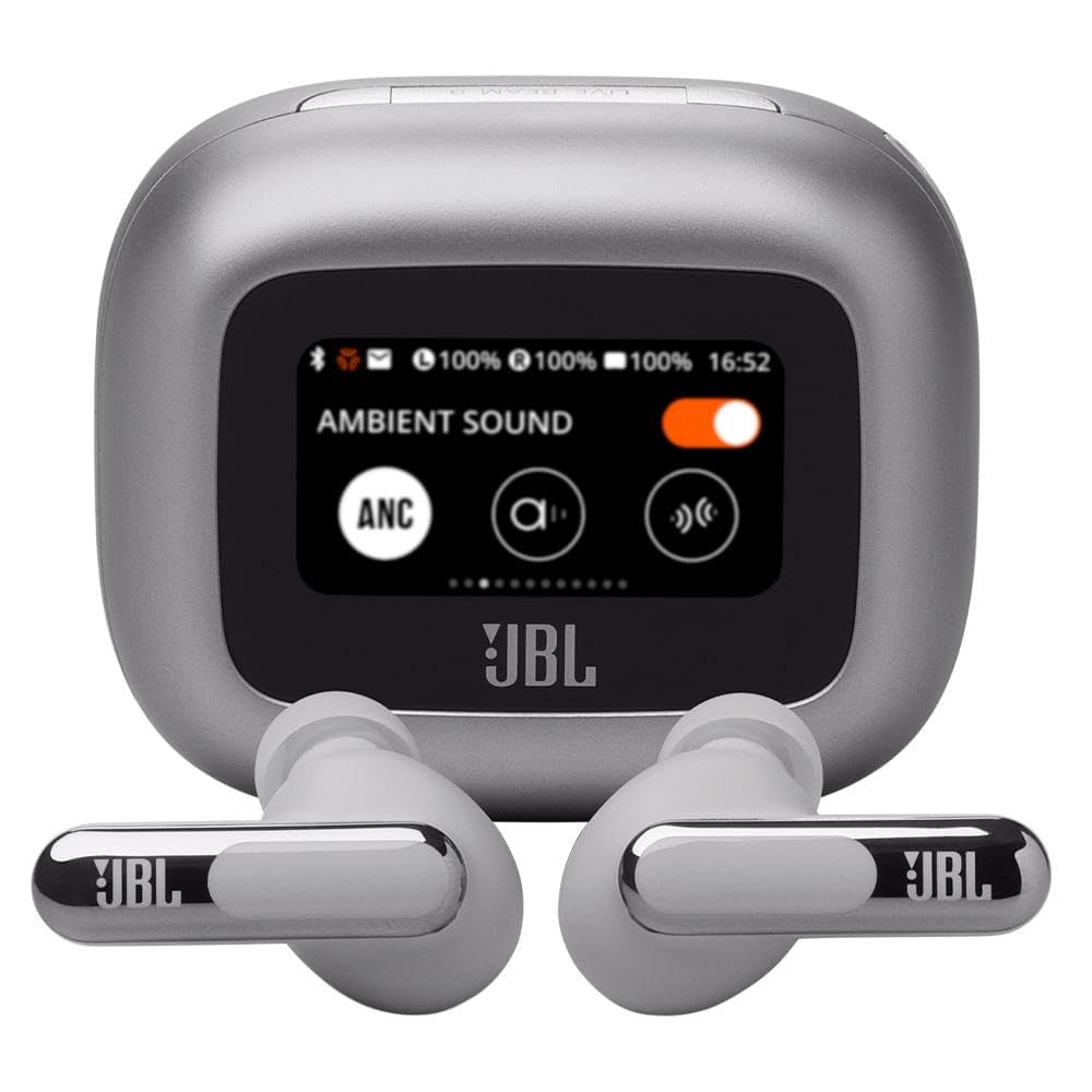 JBL Live Beam 3 Auriculares inalambricos de botón con almohadillas,True Wireless con cancelación de ruido adaptable, hasta 48 horas de reproducción, Bluetooth, audio de alta resolución, plateado