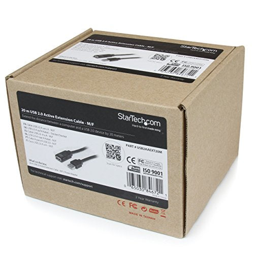 StarTech.com Cable de Extensión Alargador de 20m USB 2.0 Hi Speed Alta Velocidad Activo Amplificado - Macho a Hembra USB A - Negro