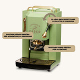 Cafeteras Faber modelo Pro Deluxe, cafetera en monodosis ESE 44 mm, acabado con revestimiento de latón, prensa de cápsulas ajustable de latón, electroválvula estándar (verde neón)