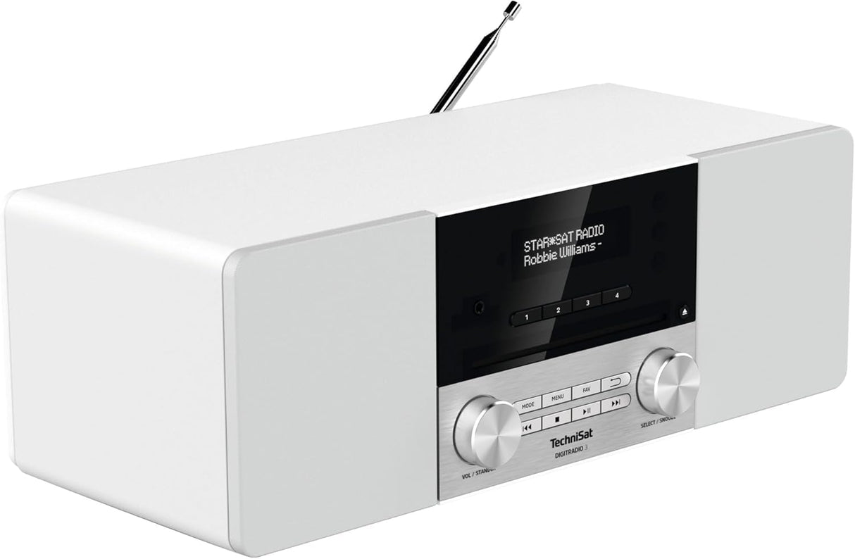 TechniSat DIGITRADIO 3 - Sistema Compacto de Radio Estéreo Dab (Dab+, FM, Reproductor de CD, Bluetooth, USB, Conexión para Auriculares, Entrada AUX, Radio Reloj Despertador, Pantalla OLED) Blanco