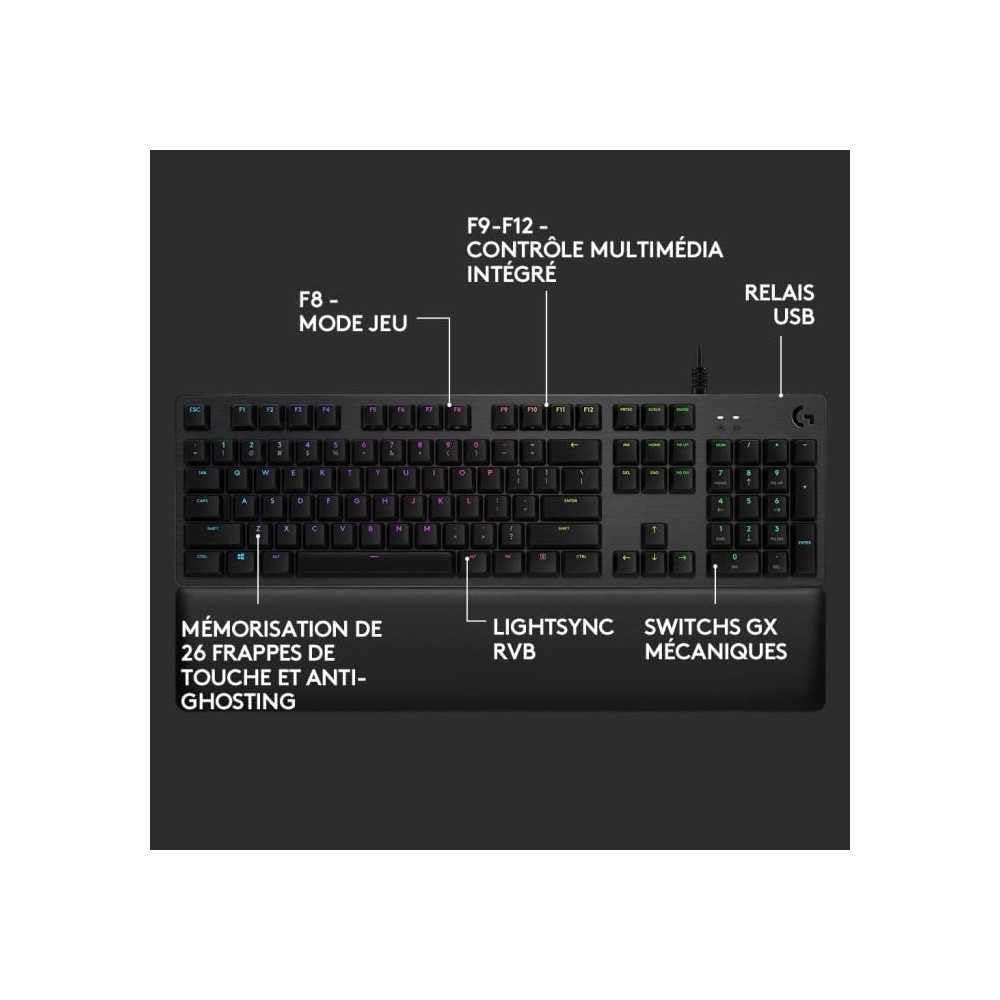 Logitech G 513 Teclado mecánico para Juegos, GX-Brown, interruptores táctiles, iluminación RGB, Bucle USB, reposamuñecas con Espuma de Memoria, Carcasa de Aluminio, diseño francés AZERTY, Color Negro