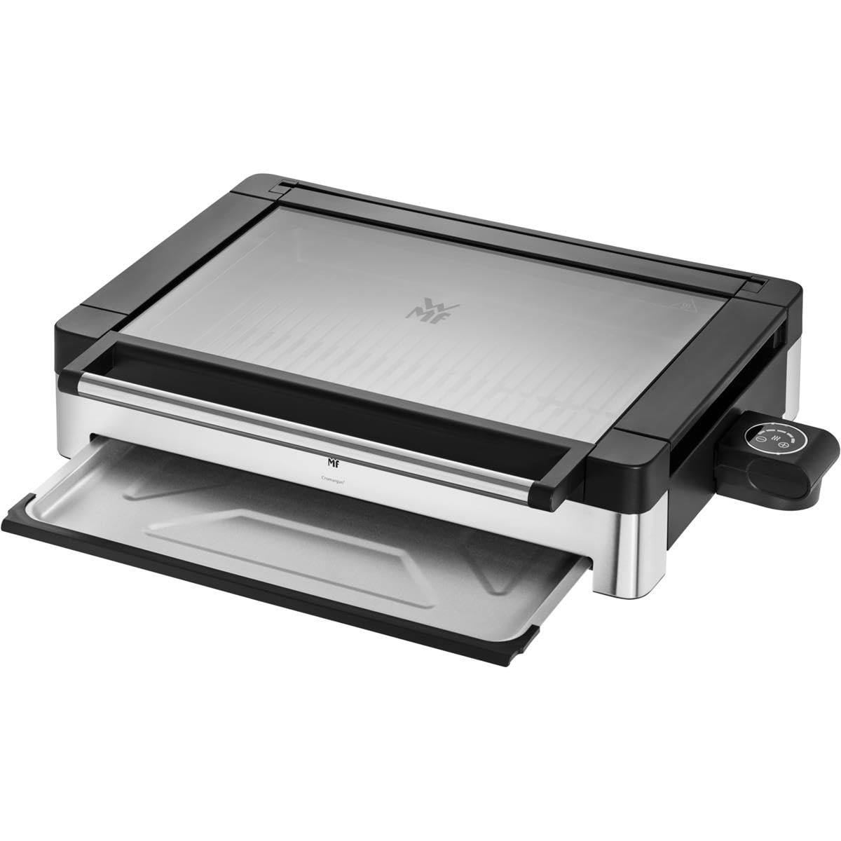 WMF Lono - Grill sobremesa con tapa de cristal y Barbacoa 2200 W, acero inoxidable mate, placa de parrilla recubierta, antiadherente