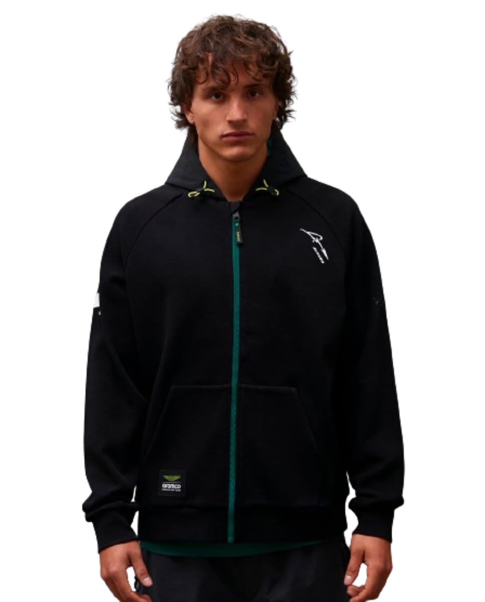 KIMOA - Sudadera Aston Martin F1 2024 Fernando Alonso - Sudadera Hombre con Capucha, Sudadera Cremallera Hombre - XS - Negra - Tejido Reciclado